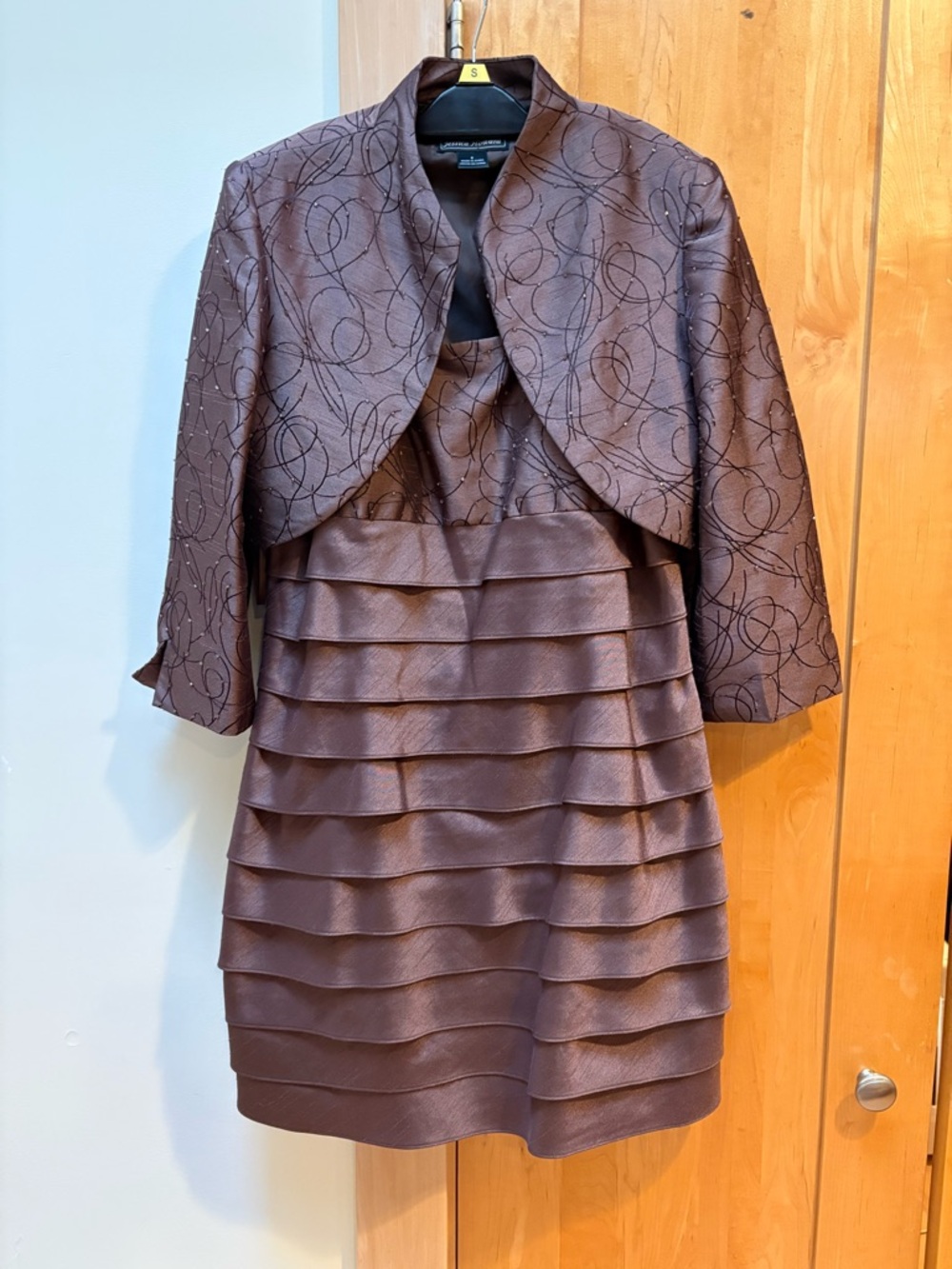 Jessica Howard Brown Satin Dress with Embellished Bolero